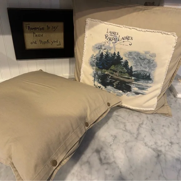 2 Ralph Lauren Beige and Blue Scenic Pillows - Picture 3 of 4